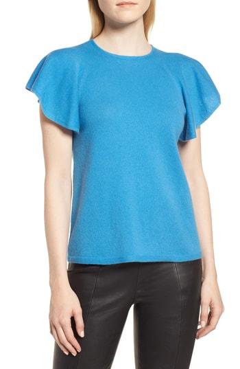 Women's Nordstrom Signature Flutter Sleeve Cashmere Sweater - Blue