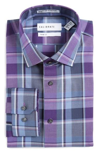 Men's Calibrate Trim Fit Non-iron Plaid Stretch Dress Shirt 34/35 - Purple