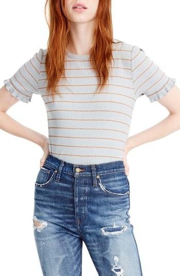 Women's J.crew Ribbed Stripe Tee With Ruffle Sleeves, Size - Grey