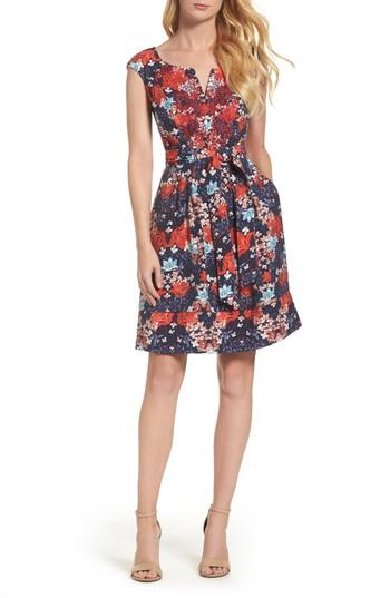 Petite Women's Adrianna Papell Linenette Fit & Flare Dress P - Blue