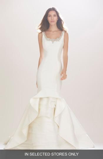 Women's Carolina Herrera Madison Embroidered Scoop Neck Silk Mikado Trumpet Gown With Tiered Organza Underlay
