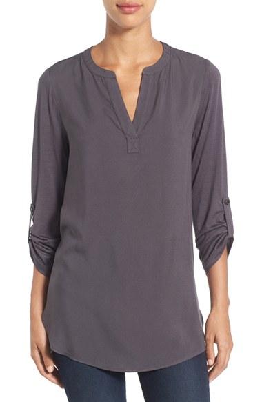 Petite Women's Pleione Split Neck Roll Sleeve Tunic, Size P - Grey