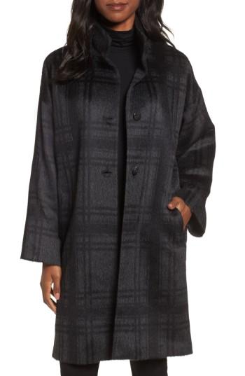 Women's Eileen Fisher Plaid Stand Collar Coat, Size - Grey