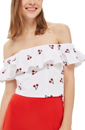 Women's Topshop Embroidered Cherry Off The Shoulder Top Us (fits Like 0) - White