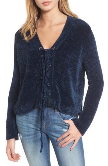Women's Lost + Wander Maya Chenille Lace-up Sweater /small - Blue