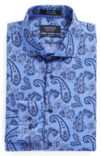 Men's Nordstrom Men's Shop Trim Fit Paisley Dress Shirt - 32/33 - Blue