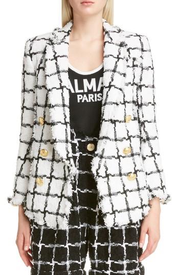 Women's Balmain Windowpane Check Boucle Double Breasted Blazer Us / 38 Fr - White