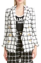 Women's Balmain Windowpane Check Boucle Double Breasted Blazer Us / 38 Fr - White