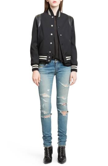 Women's Saint Laurent 'teddy' Black Leather Trim Bomber Jacket Us / 42 Fr - Black