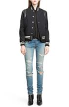 Women's Saint Laurent 'teddy' Black Leather Trim Bomber Jacket Us / 42 Fr - Black