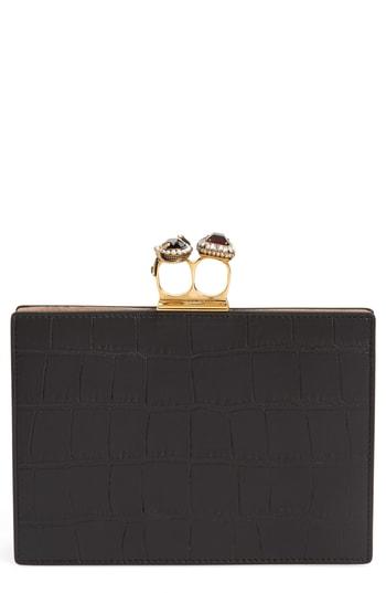 Alexander Mcqueen Croc Embossed Calfskin Leather Double Ring Clutch - Black