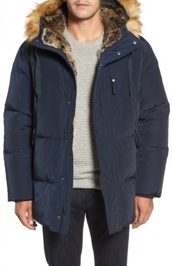 Men's Marc New York Quilted Down Parka With Faux Fur Trim - Blue