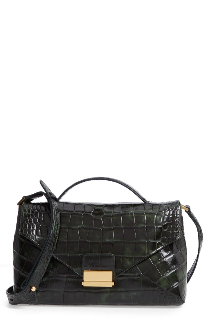 Dries Van Noten Croc Embossed Leather Shoulder Bag - Green