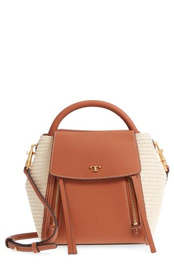Tory Burch Half Moon Straw & Leather Crossbody Bag - Brown