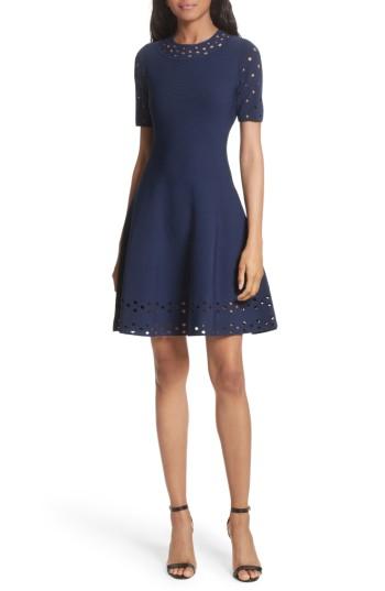 Women's Milly Pointelle Detail Knit Fit & Flare Dress, Size - Blue
