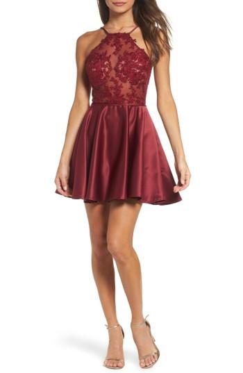 Women's La Femme Embellished Illusion Bodice Skater Dress - Burgundy