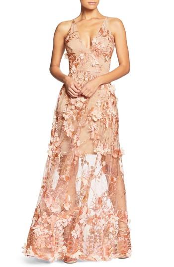 Women's Dress The Population Sidney Deep V-neck 3d Lace Gown - Pink