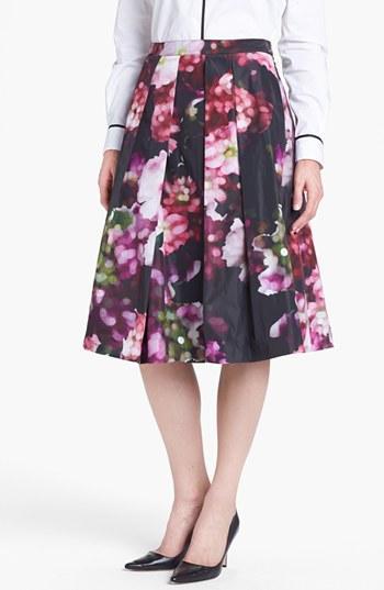 Pink Tartan Floral Print Pleated Midi Skirt Purple/