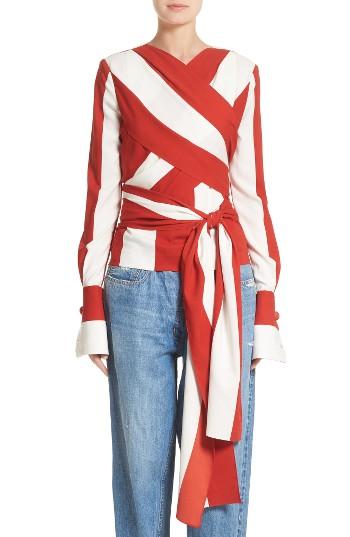 Women's Monse Stripe Stretch Silk Wrap Blouse - Red