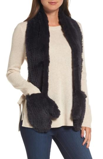 Women's Love Token Genuine Rabbit Fur Scarf With Built-in Mittens, Size - Grey