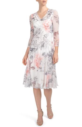 Women's Komarov Floral Chiffon Tea Length Dress - Grey