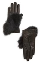Women's Echo Lambskin Leather Touchscreen Gloves With Genuine Fox Fur Trim - Black