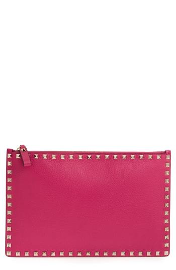 Valentino Garavani Large Rockstud Flat Leather Pouch - Pink