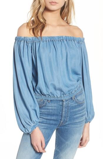 Women's 7 For All Mankind Blouson Off The Shoulder Denim Top - Blue