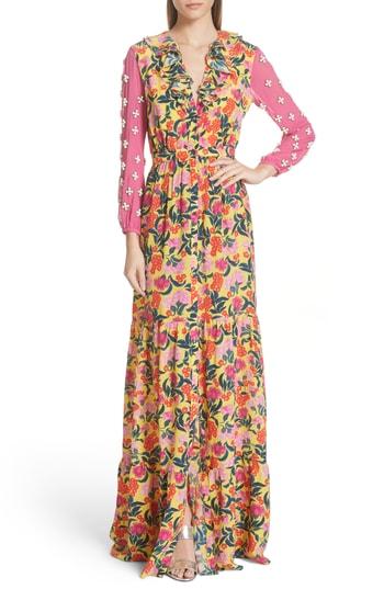 Women's Saloni Ginny Floral Print Embellished Sleeve Silk Dress - Yellow