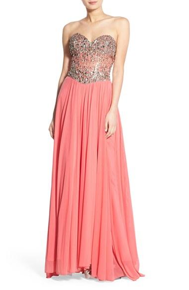 Women's Glamour By Terani Couture Embellished Mesh Fit & Flare Gown