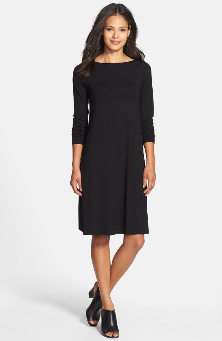 Women's Eileen Fisher Bateau Neck Jersey Dress, Size - Black