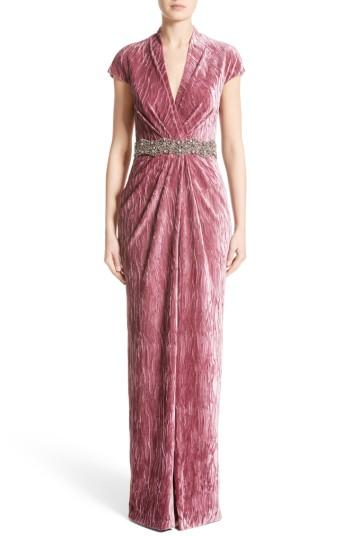 Women's Badgley Mischka Couture Beaded Belt Faux Wrap Gown - Pink