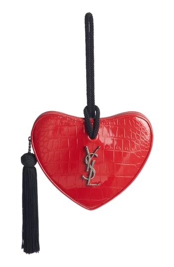 Saint Laurent Heart Croc Embossed Clutch - Red