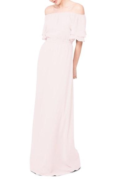 Women's Ceremony By Joanna August 'maggie' Off The Shoulder Chiffon Gown - Pink