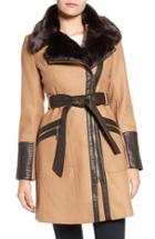 Women's Via Spiga Faux Leather & Faux Fur Trim Belted Wool Blend Coat - Beige