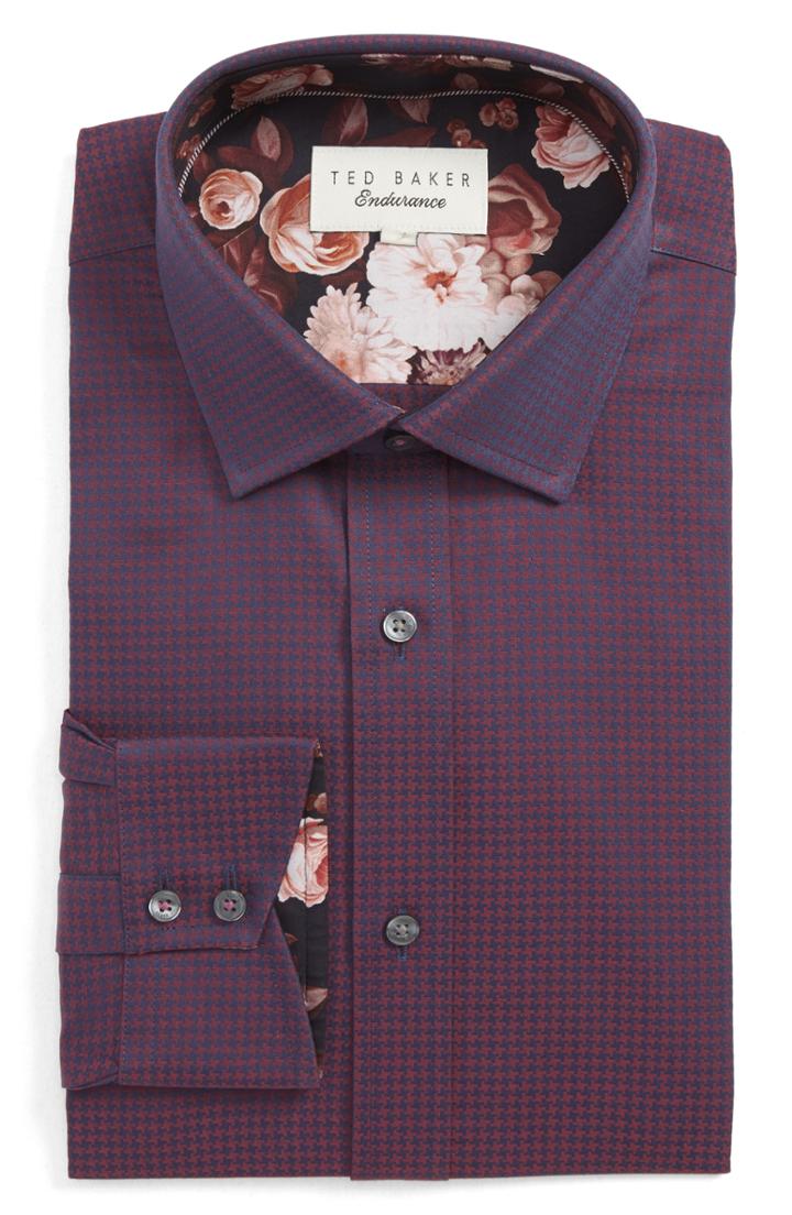 Men's Ted Baker London Carmz Trim Fit Houndstooth Dress Shirt - 32/33 - Red