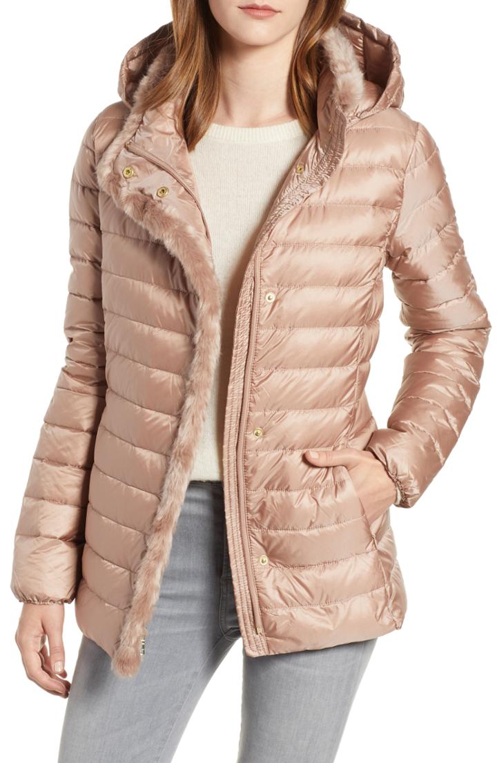 Women's Cole Haan Signature Quilted Down Jacket With Faux Fur Trim