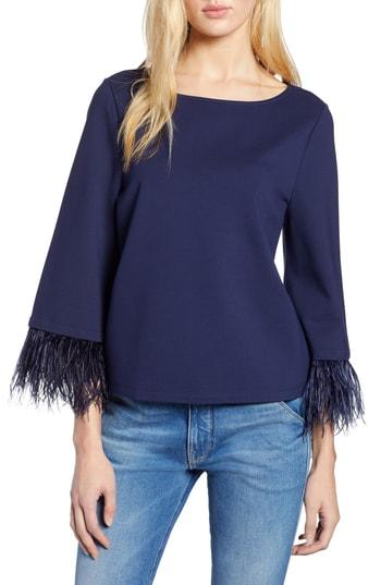 Women's Halogen Feather Trim Ponte Top - Blue