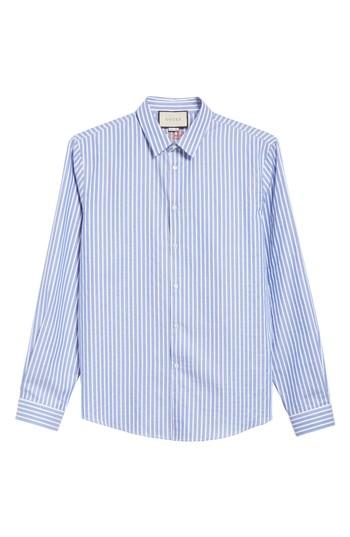 Men's Gucci Bee Embroidered Stripe Dress Shirt - Blue