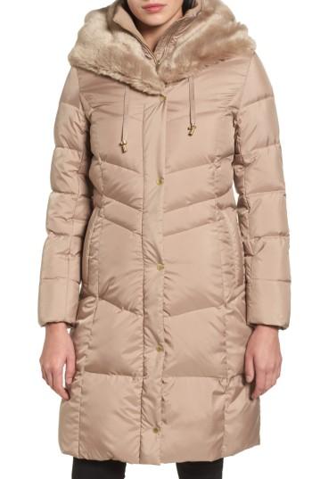 Women's Cole Haan 3/4 Down Coat With Faux Fur Hood - Beige