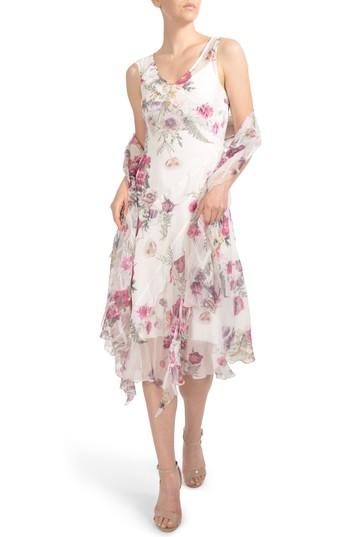Women's Komarov Floral Print Ruffle Midi Dress & Shawl - Ivory