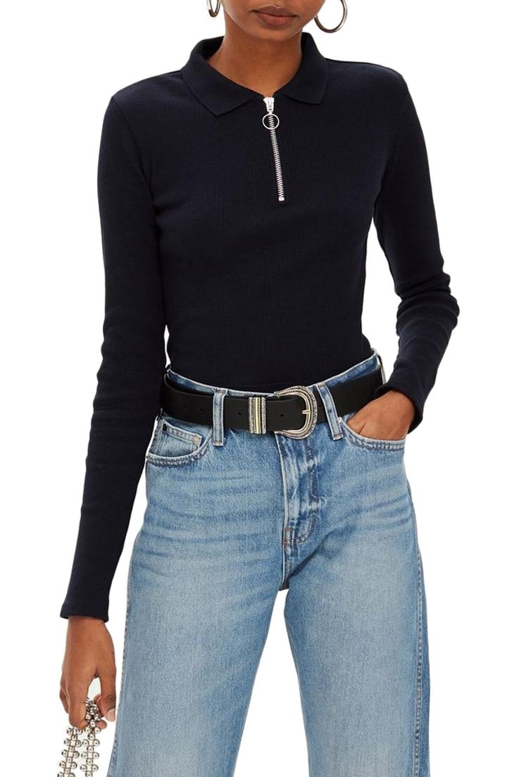 Petite Women's Topshop Zip Polo Shirt P Us (fits Like 0-2p) - Blue
