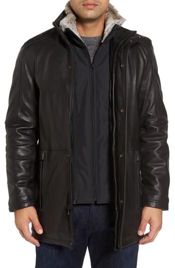 Men's Marc New York Middlebury Leather Car Coat With Genuine Rabbit Fur Trim, Size - Black