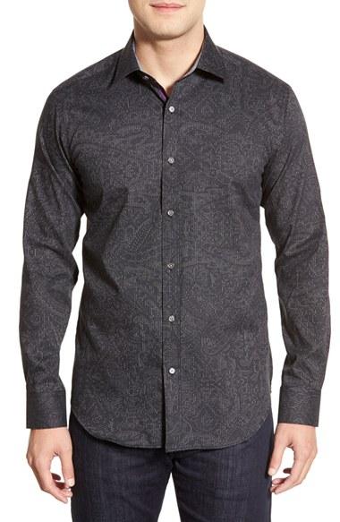 Men's Bugatchi Shaped Fit Paisley Sport Shirt - Black