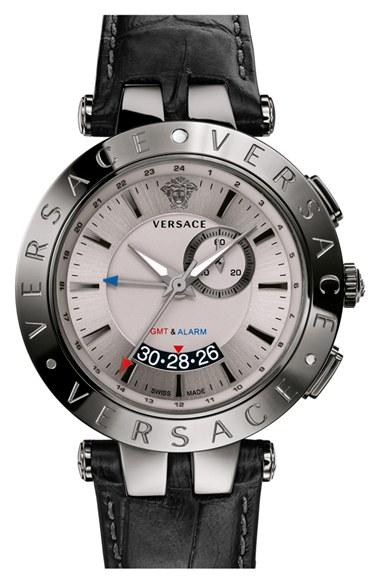 Men's Versace 'v-race Gmt' Round Leather Strap Watch, 46mm