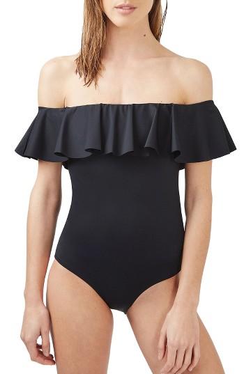 Women's Topshop Ruffle Off The Shoulder One-piece Swimsuit Us (fits Like 0) - Black