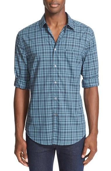 Men's John Varvatos Collection Slim Fit Plaid Roll Sleeve Shirt, Size - Blue
