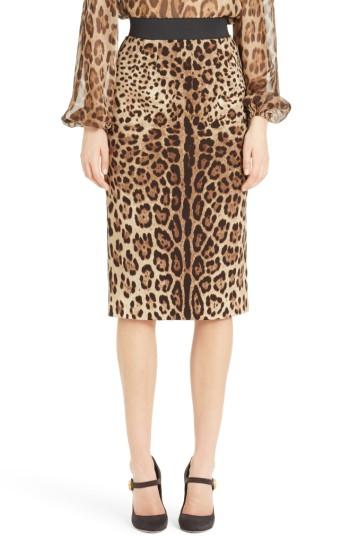 Women's Dolce & Gabbana Leopard Print Stretch Silk Pencil Skirt Us / 42 It - Brown