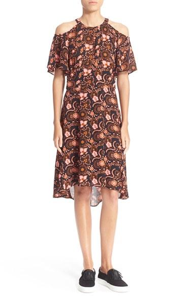Women's A.l.c. 'emile' Cold Shoulder Floral Print Silk Dress - Black