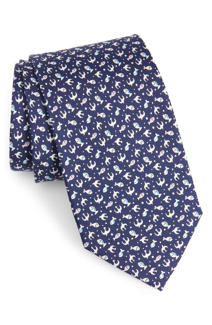 Men's Salvatore Ferragamo Fish Print Silk Tie, Size - Blue